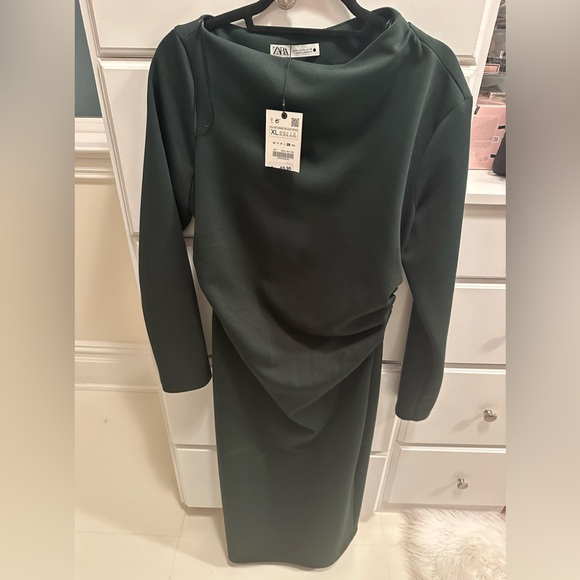 Zara Deep Green dress with rushing on the side boat neck and slit in rear. - Picture 9 of 9